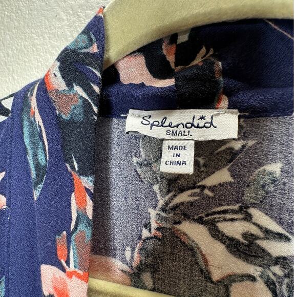 Splendid Navy Orange Ivory Multi Floral Short Sleeve Kimono Duster S - Picture 7 of 15